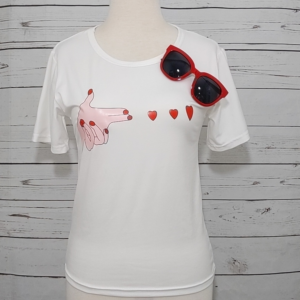 Valentine's Day Fuc* Love Hearts Graphic Women's White T-Shirt Small‎